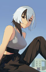 Rule 34 | 1girl, alternate costume, arlecchino (genshin impact), bare shoulders, black eyes, black hair, black pants, blue sky, breasts, commentary, day, genshin impact, grey hair, grey shirt, hair between eyes, highres, knee up, large breasts, looking at viewer, multicolored hair, pants, shirt, short hair, sitting, sky, sleeveless, sleeveless shirt, solo, yellow glasses (odivichno)