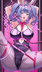Rule 34 | 1girl, absurdres, ace (playing card), ace of hearts, animal ears, arm strap, armpits, arms up, bare shoulders, black leotard, blue eyes, blue hair, blush, bow, bowtie, breasts, broken handcuffs, card, clothing cutout, cuffs, cutout above navel, detached collar, elina (eri15), fake animal ears, fishnet thighhighs, fishnets, hair ornament, handcuffs, hatsune miku, heart, heart cutout, highres, large breasts, leotard, long hair, looking at viewer, object in bra, open mouth, pantyhose, pink pupils, playboy bunny, playing card, pole, rabbit ears, rabbit hole (vocaloid), restrained, smile, solo, spread legs, spring rider, stomach cutout, stripper pole, teardrop facial mark, thighhighs, twintails, vocaloid, x hair ornament