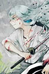 Rule 34 | 10s, 1boy, beads, blood, blood on clothes, bloody weapon, blue eyes, blue hair, clenched teeth, injury, japanese clothes, katana, kousetsu samonji, kurosuke (hipparu), male focus, matching hair/eyes, personification, solo, sword, teeth, torn clothes, touken ranbu, upper body, weapon
