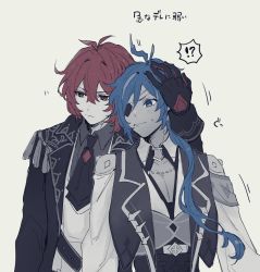 Rule 34 | !?, 2boys, antenna hair, blue eyes, blue hair, closed mouth, diluc (genshin impact), earrings, expressive hair, genshin impact, gloves, hair between eyes, hand on another&#039;s head, jacket, jewelry, kaeya (genshin impact), long hair, long sleeves, male focus, mochinoki, multiple boys, red eyes, red hair, simple background, single earring, sweat, translation request, upper body, yaoi