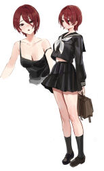 Rule 34 | 1girl, absurdres, arms behind back, bag, black camisole, black footwear, black sailor collar, black serafuku, black shirt, black skirt, black socks, blush, breasts, brown bag, brown eyes, camisole, cleavage, closed mouth, expressionless, full body, gompang 11, hair between eyes, highres, holding, holding bag, long sleeves, looking at viewer, medium breasts, midriff peek, mole, mole under eye, multiple views, neckerchief, open mouth, original, pleated skirt, red hair, sailor collar, school uniform, serafuku, shirt, short hair, simple background, skirt, sleeve cuffs, socks, standing, strap slip, white background, white neckerchief