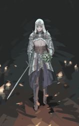 Rule 34 | 1girl, armor, armored boots, boots, candle, dark souls (series), dark souls iii, flower, headpiece, highres, looking at viewer, serious, shoulder armor, sirris of the sunless realms, solo focus, sword, weapon, white flower
