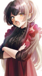 Rule 34 | 1girl, absurdres, backlighting, black dress, black hair, black ribbon, blunt bangs, blush, bow, breasts, brown eyes, crossed arms, dress, frilled dress, frills, highres, idolmaster, idolmaster shiny colors, lace, lace-trimmed dress, lace trim, long hair, long sleeves, looking at viewer, mayuzumi fuyuko, medium breasts, multicolored clothes, multicolored dress, open mouth, paddy field, red dress, ribbon, simple background, solo, standing, sweatdrop, two side up, white background