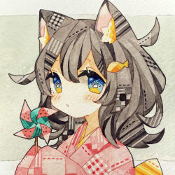 Rule 34 | 1girl, animal ear fluff, animal ears, black hair, blue eyes, bright pupils, cat ears, cat girl, commentary request, fish hair ornament, grey background, hair ornament, hands up, highres, holding pinwheel, japanese clothes, kimono, letterboxed, long sleeves, looking at viewer, lupin strawberry, medium hair, original, outside border, painting (medium), paper texture, patterned clothing, patterned hair, paw-shaped pupils, pink kimono, pinwheel, sash, sideways glance, sleeves past fingers, sleeves past wrists, solo, symbol-shaped pupils, traditional media, upper body, watercolor (medium), white pupils, yellow sash