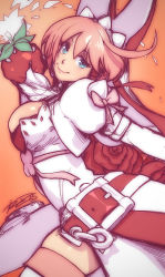 Rule 34 | 1girl, bad id, bad tumblr id, blue eyes, breasts, cleavage, clover, dress, earrings, elphelt valentine, explosive, fingernails over gloves, food, four-leaf clover, fruit, gloves, grenade, guilty gear, guilty gear xrd, hairband, highres, jewelry, large breasts, pink hair, robaato, smile, solo, spikes, strawberry, thighhighs