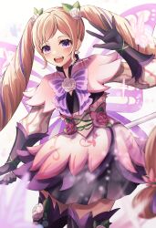 Rule 34 | 1girl, :d, absurdres, arm up, black gloves, blonde hair, boots, bow, bug, butterfly, cowboy shot, dress, drill hair, earrings, elise (fire emblem), elise (resplendent) (fire emblem), fairy wings, fire emblem, fire emblem fates, fire emblem heroes, flower, flower earrings, gloves, hair flower, hair ornament, highres, holding, holding staff, insect, jewelry, layered skirt, leaf hair ornament, long hair, looking at viewer, multicolored hair, nintendo, official alternate costume, open mouth, pink dress, plant, pleated skirt, purple bow, purple eyes, purple flower, purple hair, reia hana, short dress, signature, simple background, skirt, smile, solo, staff, teeth, thigh boots, twin drills, twintails, twitter username, two-tone hair, upper teeth only, vines, waving, white background, white flower, wings