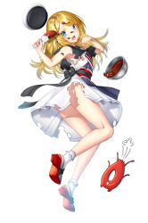 Rule 34 | 1girl, apron, armpits, blonde hair, blue eyes, blush, bobby socks, bowl, chocolate, chocolate on face, commentary request, dress, enemy lifebuoy (kancolle), food, food on face, full body, hat, jervis (kancolle), kantai collection, long hair, looking at viewer, mixing bowl, open mouth, parted bangs, simple background, sleeveless, sleeveless dress, socks, solo, spatula, torn clothes, torn dress, union jack, unowen, valentine, white background, white dress, white hat, white socks