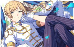 Rule 34 | 1boy, blonde hair, blue eyes, blue pants, blunt ends, border, brooch, bush, closed mouth, commentary request, curtains, feet out of frame, gloves, gold trim, highres, isshiki aoi, jewelry, long hair, looking at viewer, male focus, on air!, pants, puffy short sleeves, puffy sleeves, sekina, shirt, short sleeves, side ponytail, smile, solo, striped clothes, striped pants, vertical-striped clothes, vertical-striped pants, white gloves, white shirt, window