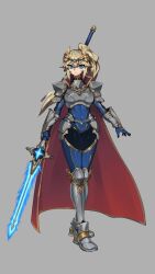 Rule 34 | 1girl, absurdres, armored boots, blonde hair, blue bodysuit, blue eyes, bodysuit, boots, breasts, cape, closed mouth, commission, covered navel, difman, floating hair, full body, grey background, hair between eyes, headpiece, highres, holding, holding polearm, holding weapon, long hair, looking at viewer, medium breasts, original, polearm, red cape, side ponytail, simple background, solo, standing, vambraces, very long hair, weapon, weapon request