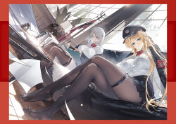 Rule 34 | 2girls, arm support, azur lane, bismarck (azur lane), blonde hair, blue eyes, book, breasts, couch, cup, day, flag, grey hair, hat, highres, holding, indoors, jacket, jacket on shoulders, kurumi (recycllamo), large breasts, long hair, long sleeves, looking at viewer, mechanical pencil, multiple girls, off shoulder, official art, open book, pantyhose, paper, peaked cap, pencil, pleated skirt, ribbon, shirt, short hair, sitting, skirt, teacup, teapot, thigh strap, thighhighs, tirpitz (azur lane), white shirt, window