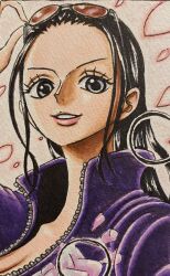 Rule 34 | 1girl, adjusting eyewear, blue eyes, blue jacket, close-up, commentary request, daichan op, eyelashes, eyewear on head, falling petals, hair slicked back, hand on eyewear, high collar, highres, jacket, looking at viewer, nico robin, one piece, parted lips, petals, pink lips, sidelocks, smile, solo, upper body