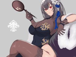 Rule 34 | 1006kbps, 1girl, absurdres, alternate breast size, azur lane, black dress, breasts, brown dress, brown thighhighs, china dress, chinese clothes, cleavage, crossed legs, dress, feather boa, flower, from side, grey background, grey hair, hair flower, hair ornament, hand fan, highres, holding, holding fan, iris libre (emblem), lace, lace-trimmed legwear, lace trim, large breasts, long hair, looking at viewer, looking to the side, mole, mole under eye, official alternate costume, pelvic curtain, red eyes, saint-louis (alluring administrator) (azur lane), saint-louis (azur lane), see-through, see-through cleavage, see-through dress, see-through legwear, sheer gloves, side slit, simple background, sitting, solo, thighhighs, two-tone dress, white flower