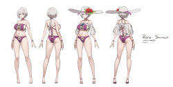 Rule 34 | ass, azur lane, barefoot, bikini, breasts, choker, cleavage, cross-laced clothes, flower, full body, grey hair, hat, hat flower, highres, large breasts, large hat, multiple views, navel, pandea work, purple bikini, purple choker, purple eyes, purple footwear, purple wristband, reno (azur lane), reno (summer spin-off) (azur lane), rose, see-through, short hair, sun hat, swimsuit, white background