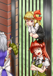 Rule 34 | 3girls, :/, :d, araki (qbthgry), blonde hair, crossed arms, fang, female focus, gate, hat, hong meiling, izayoi sakuya, knife, long hair, maid, maid headdress, multiple girls, on head, open mouth, person on head, red eyes, red hair, ribbon, rumia, short hair, silver hair, sleeping, sleeping upright, smile, touhou