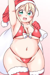Rule 34 | 1girl, artist request, bag, belly, bikini, blonde hair, blue eyes, blush, breasts, christmas, cleavage, curvy, fur trim, green eyes, grin, hat, highres, large breasts, looking at viewer, medium breasts, micro bikini, navel, open mouth, plump, santa hat, short hair, smile, solo, stomach, swimsuit, thick thighs, thighhighs, thighs, thong