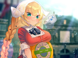 Rule 34 | 1girl, :3, akai haato, aqua eyes, black bow, black bowtie, blonde hair, blush, bow, bowtie, braid, braided ponytail, breasts, cheese, cheese wheel, collared dress, commentary request, dress, food, hair ornament, heart, heart hair ornament, highres, holding, hololive, large breasts, long hair, looking at viewer, magowasabi, musical note, red dress, signature, sleeves rolled up, solo, spoken musical note, standing, twitter username, very long hair, virtual youtuber, white headwear