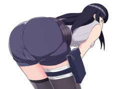 Rule 34 | 1girl, absurdres, artist request, ass, bare shoulders, black hair, cameltoe, from behind, grey eyes, highres, huge ass, hyuuga hinata, leaning, leaning forward, long hair, looking at viewer, naruto, naruto (series), shiny clothes, shorts, solo, thighhighs, wide hips