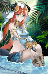 Rule 34 | 1girl, absurdres, bare shoulders, blue nails, blunt bangs, blush, breasts, brooch, closed mouth, crop top, day, detached sleeves, dot nose, eyeshadow, feet out of frame, forehead jewel, genshin impact, gladiator sandals, gold trim, green eyes, hand on own knee, harem outfit, highres, horns, jewelry, kittyxiaokitty, korean commentary, leaf, long hair, long sleeves, looking at viewer, low twintails, makeup, medium breasts, nail polish, nature, navel, neck ring, nilou (genshin impact), outdoors, parted bangs, puffy long sleeves, puffy sleeves, red eyeshadow, red hair, sandals, shirt, sidelocks, sitting on water, skirt, sleeveless, sleeveless shirt, smile, soaking feet, solo, stomach, thighs, twintails, vambraces, veil, vision (genshin impact), white headdress