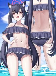 Rule 34 | 1girl, adjusting clothes, adjusting swimsuit, animal ear fluff, animal ears, ass, bikini, bikini skirt, black bikini, black hair, blue archive, cat ears, commentary, detached sleeves, disgust, flat chest, frilled bikini, frills, hair between eyes, halo, highres, long hair, looking at viewer, multiple views, navel, nichijo, ocean, off-shoulder bikini, off shoulder, official alternate costume, open mouth, red eyes, serika (blue archive), serika (swimsuit) (blue archive), short sleeves, sidelocks, standing, stomach, swimsuit, twintails