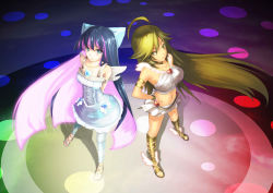 Rule 34 | 10s, 2girls, ahoge, alternate costume, angel wings, ankle wings, armlet, arms behind back, blackegg, blonde hair, blue eyes, blue hair, bow, collarbone, cross-laced footwear, dress, earrings, from above, hair bow, halo, hands on own hips, highres, jewelry, jpeg artifacts, long hair, looking up, midriff, multicolored hair, multiple girls, navel, panty &amp; stocking with garterbelt, panty (psg), pink hair, ritsuki, sandals, siblings, sisters, smile, standing, stocking (psg), striped legwear, thighhighs, two-tone hair, very long hair, wings, yellow eyes