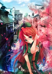 Rule 34 | 1girl, bad id, bad pixiv id, braid, cherry blossoms, female focus, green eyes, hair ribbon, hand in own hair, hat, hong meiling, lilithbloody, looking at viewer, petals, real world location, red hair, ribbon, river, single braid, sitting, solo, embodiment of scarlet devil, touhou, town