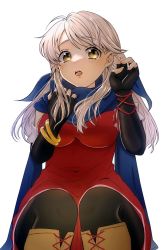 Rule 34 | 1girl, black gloves, black leggings, blue scarf, boots, bracelet, dress, elbow gloves, fingerless gloves, fire emblem, fire emblem: radiant dawn, gau fe, gloves, hair ribbon, half updo, highres, jewelry, leggings, light rays, long hair, looking at viewer, micaiah (fire emblem), nintendo, open mouth, ribbon, scarf, silver hair, simple background, sitting, sleeveless, sleeveless dress, solo, spotlight, sunlight, white background, yellow eyes