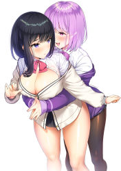Rule 34 | 10s, 2girls, bad id, bad pixiv id, black hair, black pantyhose, black skirt, blue eyes, blush, bow, breasts, button gap, cardigan, cleavage, collared shirt, dress shirt, drooling, gridman universe, highres, hug, hug from behind, jacket, large breasts, light purple hair, long sleeves, looking at another, looking back, melo (meromero), microskirt, multicolored eyes, multiple girls, no bra, off shoulder, open cardigan, open clothes, open mouth, open shirt, own hands clasped, own hands together, pantyhose, pink eyes, purple bow, purple eyes, purple jacket, red bow, shinjou akane, shiny skin, shirt, short hair, skirt, ssss.gridman, takarada rikka, thighs, white background, white cardigan, white shirt, yuri