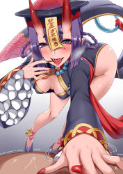 Rule 34 | 1girl, :d, ass, bell, blush, braid, breasts, cleavage, covered erect nipples, darkmaya, drooling, eyeliner, fangs, fate/grand order, fate (series), hair between eyes, hat, heroic spirit festival outfit, hikimayu, horns, jiangshi, long hair, looking at viewer, makeup, nail polish, oni, open mouth, pointy ears, pov, purple eyes, purple hair, qingdai guanmao, red nails, sailor collar, shuten douji (fate), shuten douji (festival outfit) (fate), smile, solo focus, tongue, tongue out, trembling