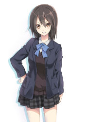 Rule 34 | &gt;:d, 10s, 1girl, :d, blazer, blouse, brown eyes, brown hair, grin, hair between eyes, hand on own hip, huyumitsu, inaba himeko, jacket, kokoro connect, open mouth, plaid, plaid skirt, shirt, short hair, simple background, skirt, smile, solo, sweater, v-shaped eyebrows, white background, white shirt