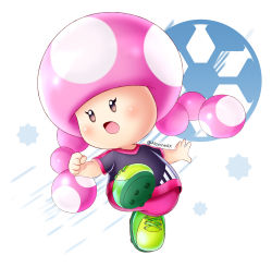 Rule 34 | 1girl, :o, alcyone (cyclone gx), artist name, bad id, bad pixiv id, ball, black eyes, blush, cleats, clenched hand, full body, green footwear, mario (series), nintendo, pink hair, simple background, soccer ball, soccer uniform, solo, sportswear, super mario strikers, toadette, white background
