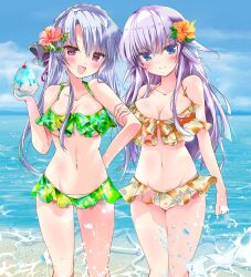 Rule 34 | 2girls, :d, arm at side, arm hug, asahina yori, bare arms, bare shoulders, bikini, blue eyes, blue hair, blue sky, blush, braid, breasts, cleavage, closed mouth, collarbone, commentary, cowboy shot, crown braid, day, eyelashes, eyes visible through hair, flower, food, frilled bikini, frills, green bikini, hair between eyes, hair flower, hair ornament, hand up, holding, holding food, holding ice cream, ice cream, large breasts, long hair, looking at viewer, medium breasts, multiple girls, navel, ocean, open mouth, orange bikini, orange flower, outdoors, purple hair, red eyes, red flower, siblings, sidelocks, sisters, sky, smile, sorakado ai, sorakado ao, standing, stomach, straight-on, summer pockets, swimsuit, thighs, twintails, very long hair