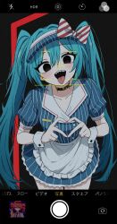 Rule 34 | 2girls, apron, aqua hair, arrow (symbol), beautifulremi, black background, black choker, black eyes, blue dress, bow, choker, collarbone, cowboy shot, dress, drill hair, frilled apron, frills, gloves, hair bow, hair intakes, hand up, hatsune miku, heart, heart hands, highres, icon (computing), kasane teto, leaning forward, long hair, looking at viewer, mesmerizer (vocaloid), multiple girls, no pupils, open mouth, own hands together, puffy short sleeves, puffy sleeves, red bow, red hair, sharp teeth, short hair, short sleeves, solo focus, standing, striped clothes, striped dress, taking picture, teeth, tongue, tongue out, translated, twin drills, twintails, upper teeth only, utau, v, vertical-striped clothes, vertical-striped dress, viewfinder, visor cap, vocaloid, waist apron, white apron, white bow, wrist cuffs, yellow gloves