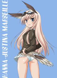 Rule 34 | 1girl, ahoge, ass, blonde hair, blue background, blue eyes, character name, crotch seam, female focus, from behind, goggles, goggles on head, hanna-justina marseille, head wings, long hair, looking at viewer, looking back, military, military uniform, miniskirt, panties, pleated skirt, skirt, smile, solo, standing, strike witches, tail, underwear, uniform, wan&#039;yan aguda, white panties, wings, world witches series
