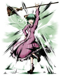 Rule 34 | 1girl, animal ears, arm up, bobby socks, broom, dress, emphasis lines, fang, female focus, full body, gesture, green background, green eyes, green hair, hand on own hip, hip focus, kasodani kyouko, long sleeves, looking at viewer, matching hair/eyes, milksea, open mouth, pink dress, shoes, short hair, socks, solo, standing, standing on one leg, teeth, touhou, white background, wink