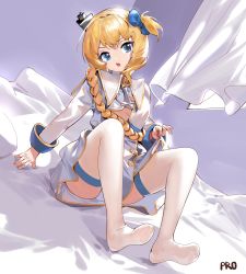 Rule 34 | 1girl, azur lane, blonde hair, blue eyes, blue ribbon, clothes lift, exhibitionism, feet, highres, legs, little renown (azur lane), long hair, looking at viewer, prossss, public indecency, ribbon, skirt, skirt lift, solo, thighhighs, toes, white thighhighs