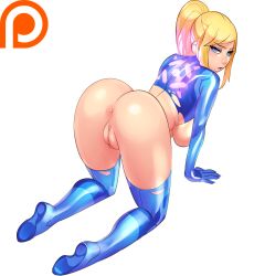 Rule 34 | 1girl, adapted costume, all fours, anus, ass, blonde hair, blue eyes, bodysuit, bottomless, breasts, collaboration, female focus, grey background, highres, large breasts, long hair, looking back, maniacpaint, metroid, neon trim, nintendo, oddmachine, ponytail, pussy, samus aran, shiny clothes, sideboob, skin tight, solo, thighhighs, torn bodysuit, torn clothes, uncensored, watermark, zero suit