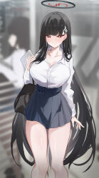 Rule 34 | 1girl, absurdres, alternate costume, bare legs, black hair, black skirt, blue archive, blurry, blurry background, blush, breasts, chinoryuu, collarbone, commentary, feet out of frame, halo, highres, holding, holding tablet pc, large breasts, long hair, looking at viewer, open collar, pleated skirt, red eyes, reflection, rio (blue archive), shirt, shirt tucked in, skirt, straight hair, tablet pc, very long hair, white shirt