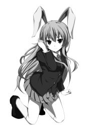 Rule 34 | 1girl, animal ears, bad id, bad pixiv id, blazer, female focus, full body, greyscale, highres, hinata chitose, jacket, long hair, monochrome, necktie, pleated skirt, rabbit ears, reisen udongein inaba, simple background, skirt, solo, touhou, white background
