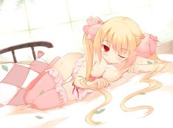 Rule 34 | 1girl, argyle, argyle clothes, argyle pillow, bed, blonde hair, bow, breasts, cleavage, cum, hair between eyes, hair ribbon, hip focus, indoors, kurasuke, licking, long hair, looking at viewer, lying, nipples, no bra, no panties, on side, one eye closed, petals, pillow, pink thighhighs, pussy, red eyes, ribbon, solo, suggestive fluid, sweat, thigh gap, thighhighs, thighs, tongue, twintails, very long hair, wink