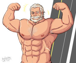 Rule 34 | 1boy, abs, atelier wei, beard, dated, facial hair, looking at viewer, male focus, muscular, nipples, old, old man, overwatch, overwatch 1, pectorals, reinhardt (overwatch), scar, simple background, smile, solo, tagme