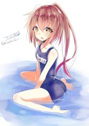 Rule 34 | 1girl, alternate costume, ass, blue one-piece swimsuit, blush, breasts, brown eyes, full body, fumizuki (kancolle), hair between eyes, highres, hizaka, kantai collection, looking back, one-hour drawing challenge, one-piece swimsuit, open mouth, ponytail, school swimsuit, simple background, sitting, small breasts, solo, swimsuit, twitter username, water, white background