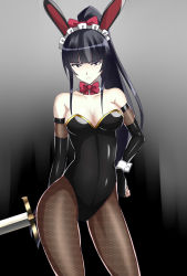 Rule 34 | 1girl, animal ears, bare shoulders, black eyes, black hair, blunt bangs, bow, breasts, cleavage, contrapposto, cowboy shot, detached collar, elbow gloves, fake animal ears, fishnet pantyhose, fishnets, gloves, hair bow, hand on own hip, highres, leotard, long hair, looking at viewer, maid headdress, mole, mole under eye, narberal gamma, overlord (maruyama), pantyhose, playboy bunny, ponytail, rabbit ears, solo, standing, sword, weapon, wrist cuffs, zetsuei (zetto)