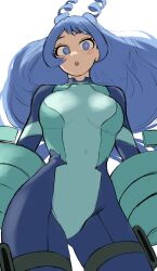 Rule 34 | 1girl, :o, absurdres, blue bodysuit, blue eyes, blue hair, bodysuit, boku no hero academia, breasts, drill hair, fengling (furin-jp), green bodysuit, hadou nejire, hair horns, highres, large breasts, light blue hair, long hair, looking at viewer, multicolored bodysuit, multicolored clothes, solo, thighs, twin drills, unfinished, wide hips