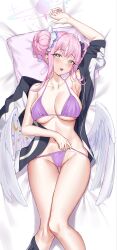 Rule 34 | absurdres, arm up, armpits, bed sheet, bikini, blue archive, blush, breasts, cameltoe, collarbone, dakimakura (medium), double bun, feathered wings, hair bun, highres, jacket, large breasts, looking at viewer, lying, mika (blue archive), on back, open clothes, open jacket, pdxen, pillow, purple bikini, string bikini, swimsuit, thong bikini, track jacket, white wings, wings