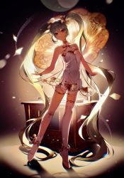 Rule 34 | 1girl, absurdly long hair, asymmetrical legwear, ballet dress, ballet slippers, bare shoulders, body writing, bracelet, closed mouth, commentary request, dress, en pointe, full body, gold choker, gold trim, gramophone miku, hair ornament, hatsune miku, highres, jewelry, kanvien, long hair, looking at viewer, phonograph, see-through, see-through dress, single thighhigh, smile, solo, standing, standing on one leg, strapless, strapless dress, thighhighs, thighlet, tiptoes, twintails, very long hair, vocaloid, white dress, white thighhighs