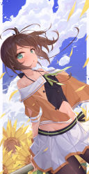 Rule 34 | 1girl, :o, ahoge, aqua eyes, armpit crease, bare shoulders, black camisole, black pantyhose, blue sky, blush, breasts, brown hair, camisole, cloud, collarbone, commentary, cowboy shot, day, eyebrows hidden by hair, floating hair, flower, green ribbon, groin, hair between eyes, hair ornament, hand on railing, highres, hololive, jacket, kinako12547, long hair, looking at viewer, midriff, natsuiro matsuri, natsuiro matsuri (1st costume), navel, off-shoulder jacket, off shoulder, orange jacket, pantyhose, petals, pinstripe camisole, pinstripe pattern, pleated skirt, railing, ribbon, short sleeves, side ponytail, sidelocks, skirt, sky, small breasts, solo, standing, striped, sunflower, virtual youtuber, white skirt
