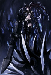 Rule 34 | 10s, 1girl, armor, belt, black hair, black rock shooter, boots, chain, dual wielding, glowing, glowing eyes, greaves, highres, holding, huge weapon, insane black rock shooter, lain, long hair, midriff, navel, purple eyes, shorts, solo, thighhighs, twintails, uneven twintails, weapon