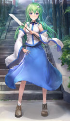 Rule 34 | 1girl, absurdres, blue skirt, breasts, brown footwear, closed mouth, day, detached sleeves, fingernails, frog hair ornament, gohei, green hair, hair between eyes, hair ornament, hair tubes, hand on own hip, hand up, highres, holding, kochiya sanae, long hair, looking at viewer, medium breasts, outdoors, purple eyes, revision, shirt, shoes, sixiv, skirt, smile, snake hair ornament, socks, solo, stairs, standing, touhou, tree, white shirt, white socks, wing collar