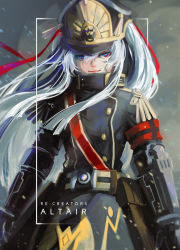 Rule 34 | 10s, 1girl, absurdres, altair (re:creators), character name, copyright name, gauntlets, hat, highres, long hair, military, military uniform, re:creators, red eyes, shako cap, smile, solo, spoilers, text focus, twintails, uniform, white hair