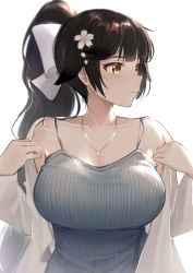 Rule 34 | 1girl, azur lane, bad id, bad pixiv id, black hair, blush, bow, breasts, casual, collarbone, extra ears, flower, hair bow, hair flaps, hair flower, hair ornament, highres, jacket, jewelry, large breasts, long hair, looking to the side, necklace, open clothes, open jacket, ponytail, shengtian, simple background, solo, takao (azur lane), wavy hair, white background, white bow, yellow eyes
